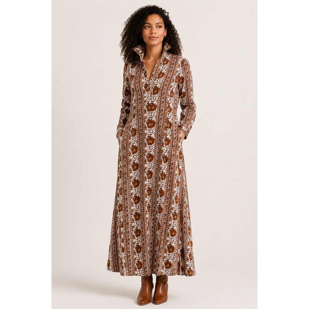 Livro Womens Brown Floral Cotton Block Print Maxi Kaftan Dress Small Long Sleeve